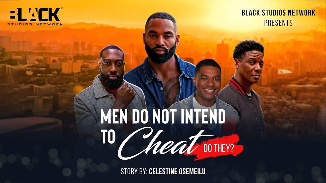 Film poster: four men against an orange city skyline at sunset, above the title Men Do Not Intend to Cheat — Do They?